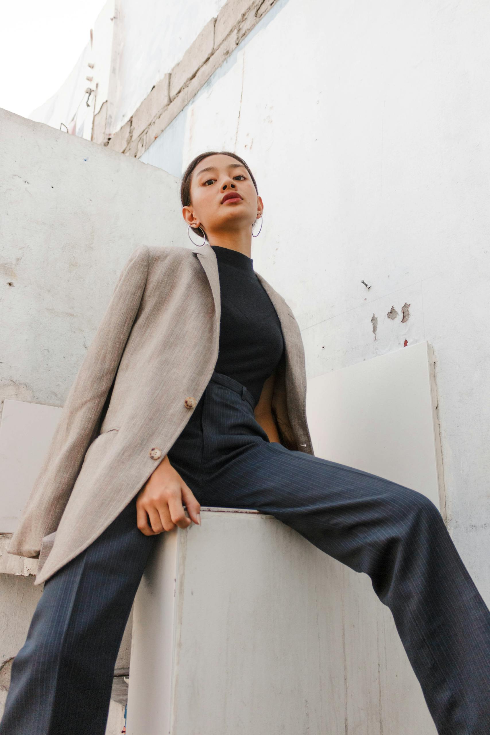 Women's Black Shirt and Brown Button-up Coat